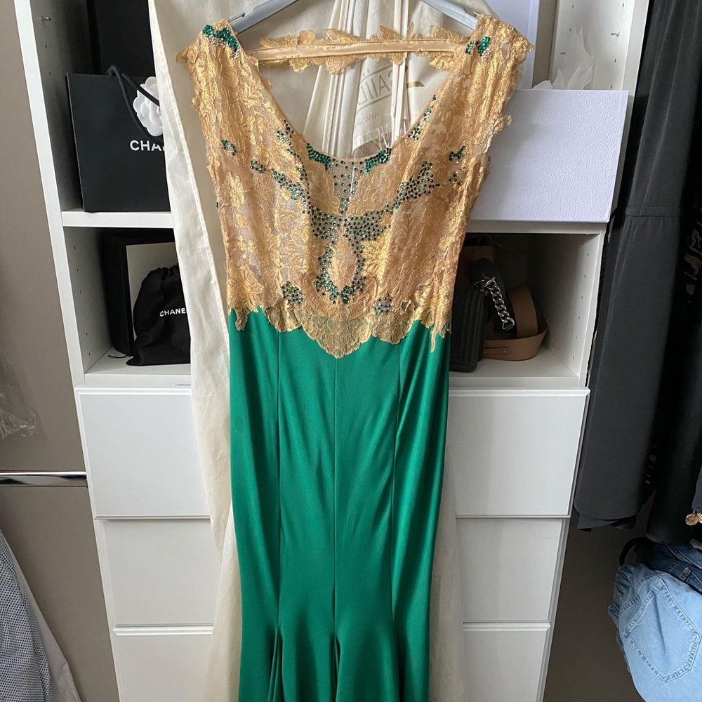 Emerald green and gold evening gown